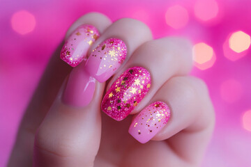 Hand with pink valentine's day nail art design featuring glitter, gold stars, and a gradient effect on a festive pink bokeh background