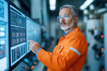 Fototapeta premium Engineer monitors data on large screens in a modern industrial facility during the day