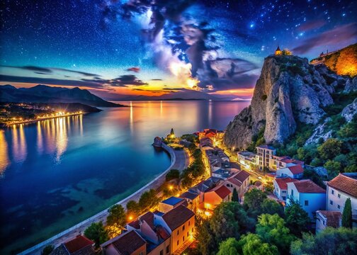 Omis Croatia Night Photography: Adriatic Sea & Mirabella Fortress Panorama