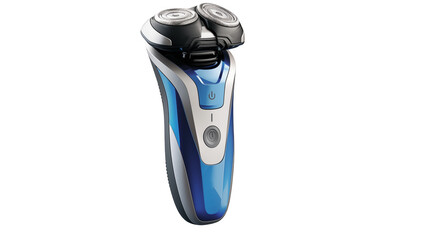 Close up of a modern electric razor with a blue and silver design ideal for advertising mens grooming products and technology websites