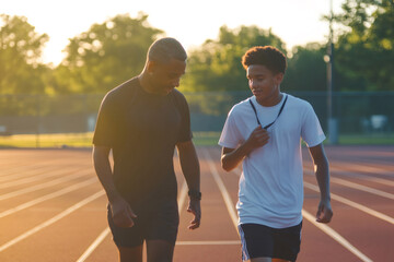 Coach guiding young athlete on running technique during training session on track and field at sunset