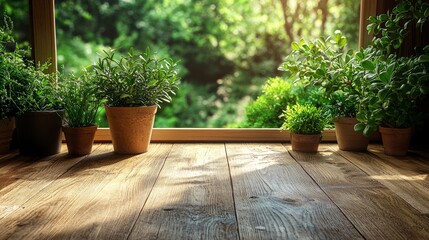 Fototapeta premium Potted plants on a wooden table in lush green garden