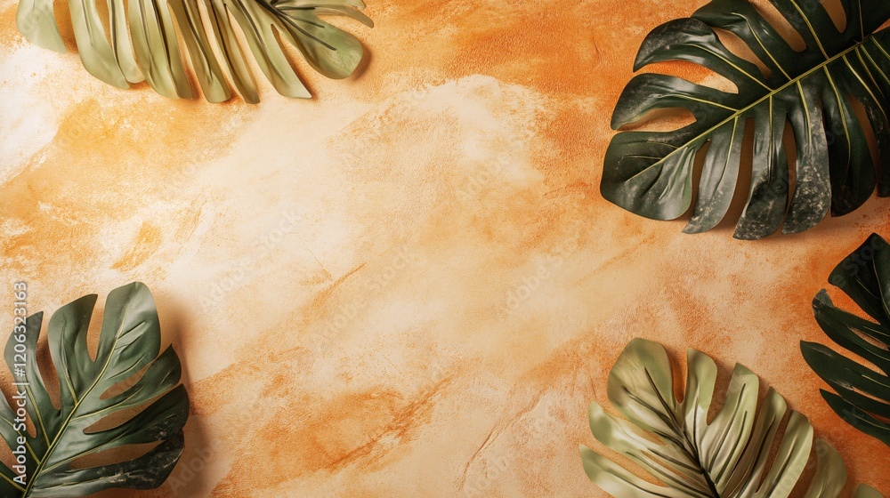 Poster tropical monstera leaves creating a frame on orange textured background