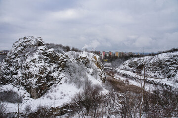 Former Kadzielnia quarry - an inanimate nature reserve, established in 1962 - The reserve is crossed by trails: urban and walking: green and blue. Winter 2025, Kielce, Poland