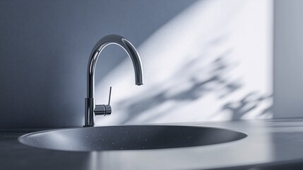 Modern chrome faucet and sink in a minimalist bathroom design exhibiting elegant simplicity