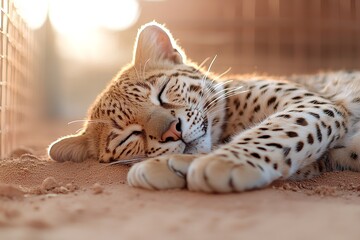 A young leopard lies peacefully asleep on sandy ground in an enclosed space. The warm sunlight filters through, creating a serene atmosphere around the resting animal