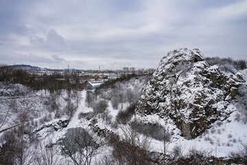 Former Kadzielnia quarry - an inanimate nature reserve, established in 1962 - The reserve is crossed by trails: urban and walking: green and blue. Winter 2025, Kielce, Poland