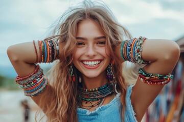 Portrait of a cheerful young woman with curly hair, wearing colorful handmade bracelets and necklace, smiling with joy