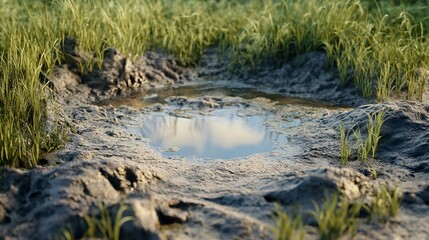 Fototapeta premium Puddle reflecting the sky in a muddy field surrounded by grass