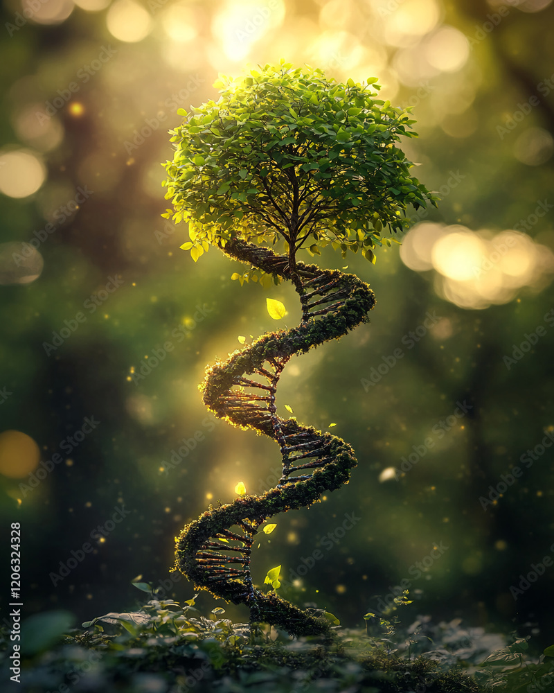 Poster unique tree spirals upward like dna helix under warm sunlight in a lush forest setting