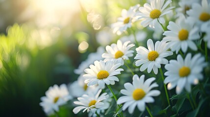 Beautiful white daisies blooming in summer meadow at sunset