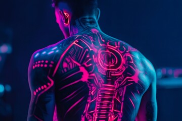 Cyberpunk style glowing tattoos covering the back of a man, illuminated by neon lights in a futuristic setting