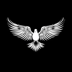 Obraz premium One White Dove freedom flying wings on black background. Concept of peace and religion