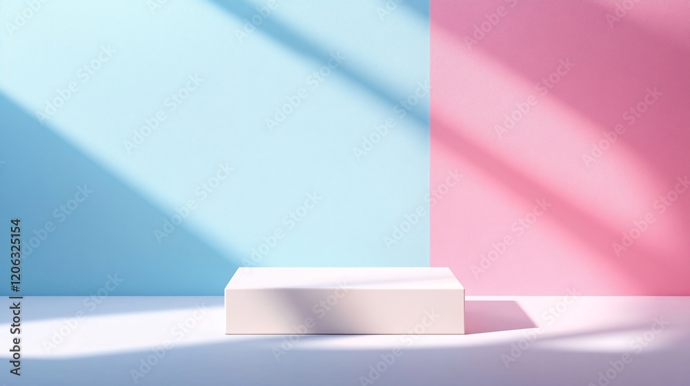 Poster White rectangular podium on pastel blue and pink background with window light creating shadows