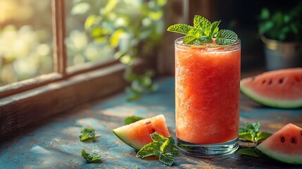 Glass of refreshing watermelon mint juice with fresh mint leaves and watermelon slices styled on a sunny patio table for a summer vibe