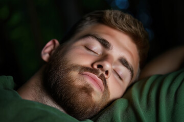 Obraz premium Man sleeps peacefully outdoors under natural light in a serene environment