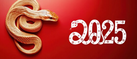 Obraz premium Golden snake illustration with 2025 year text on red background, Chinese New Year of the Snake concept