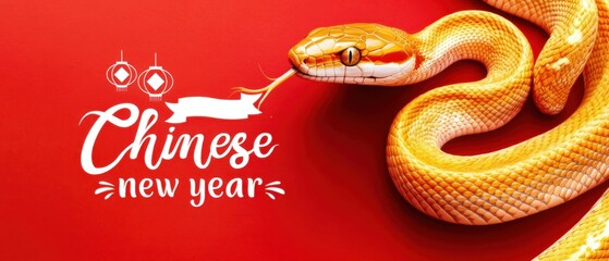 Obraz premium Golden snake with tongue out on red background for Chinese New Year celebration with lanterns and text