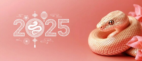 Fototapeta premium Year of the Snake 2025, Chinese New Year celebration with a stylized snake and decorative elements on a pink background
