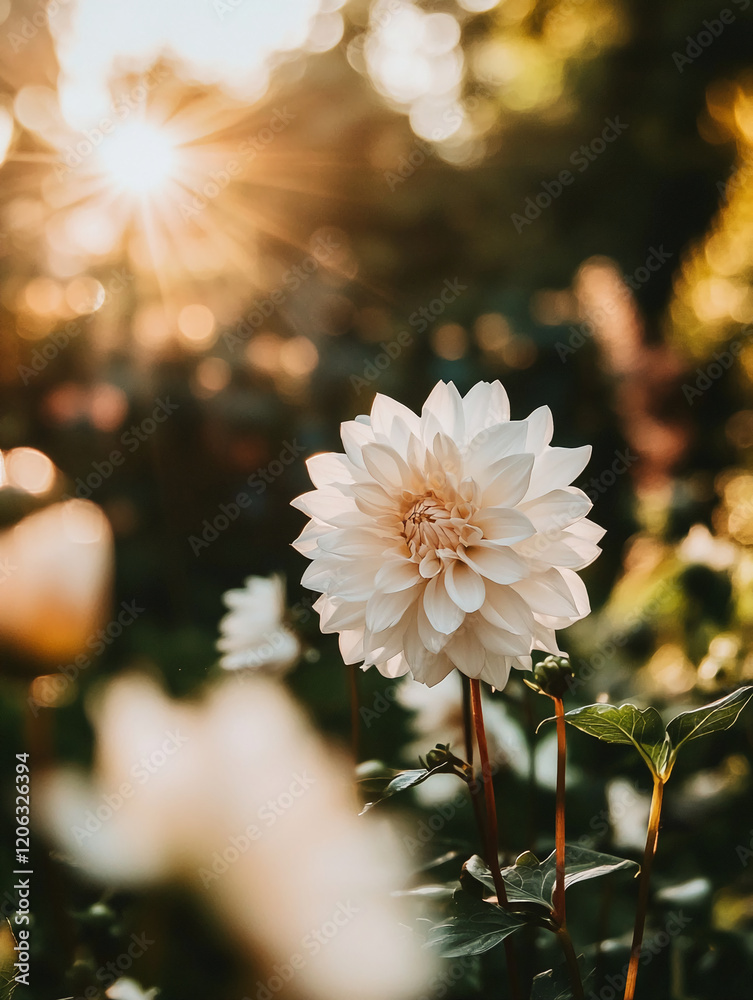 Poster sunlit dahlia blooms in a garden during golden hour creating a serene atmosphere