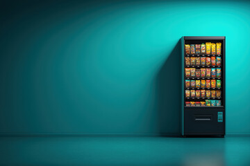 Colorful vending machine displaying various snacks against a teal wall