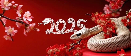 Obraz premium Year of the Snake 2025 with white snake and red plum blossoms on red background, Chinese New Year celebration