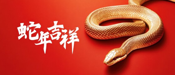 Obraz premium Golden snake with Chinese calligraphy on red background, celebrating the year of the snake Concept of Chinese New Year, zodiac and culture