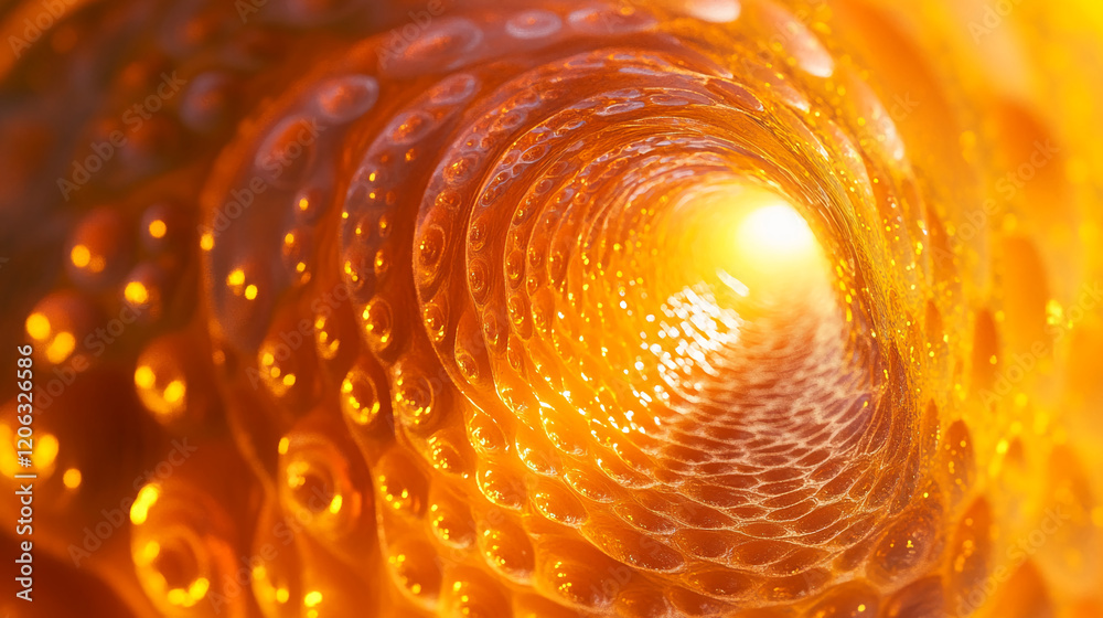 Poster Swirling orange patterns create a mesmerizing tunnel effect in this abstract representation of light and texture