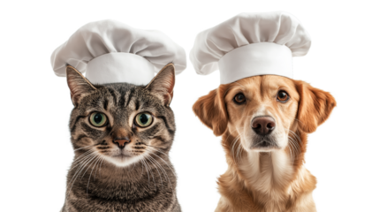 Funny Tabby Cat and Dog Wearing Chef Uniforms, Isolated on Transparent Background