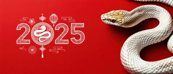 Obraz premium Year of the Snake 2025 Chinese New Year Celebration with White Snake on Red Background Festive Lunar New Year Design