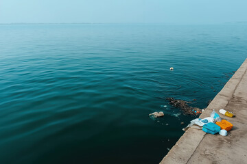 Litter accumulating along the shoreline of a calm body of water in mid-afternoon