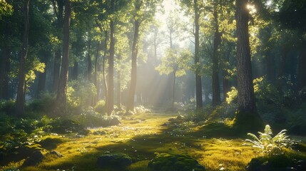 Obraz premium Sunlight through trees in a dense forest 