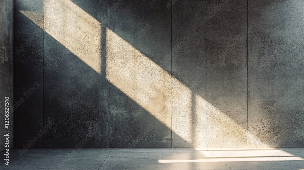 Poster sunlight illuminating empty concrete room with concrete floor and wall