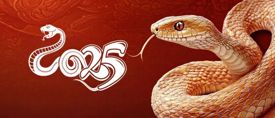 Obraz premium Year of the Snake 2025 illustration with a realistic snake and a stylized white snake design on a red background