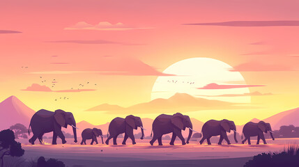 Fototapeta premium A herd of elephants walking across a desert at sunset. Ivory Desert. Illustration
