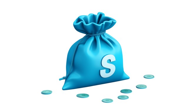 Blue Money Bag with Scattered Coins Wealth Finance Investment Concept