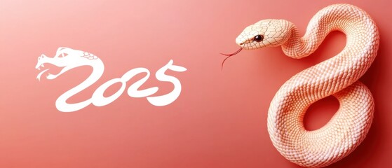 Obraz premium Year of the Snake 2025, white snake with red tongue on coral background, Chinese New Year concept