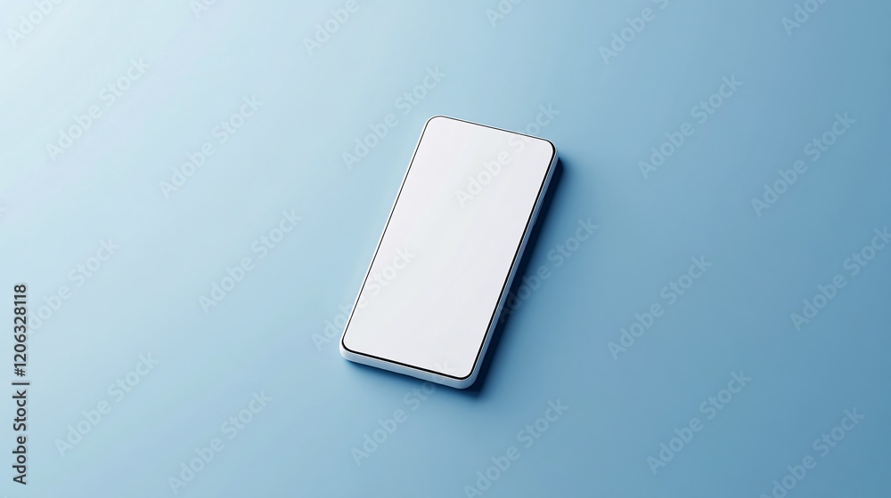 Poster white smartphone showing blank screen lying on blue background