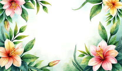 Fototapeta premium Watercolor of Tropical spring floral green leaves and flowers s isolated