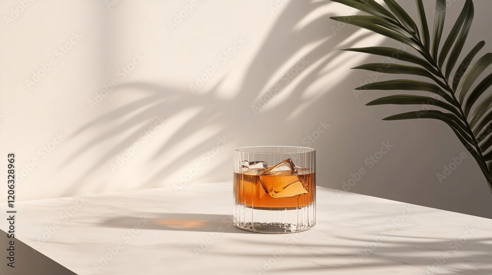 Poster glass of whisky with ice cubes on table under palm leaf shadow
