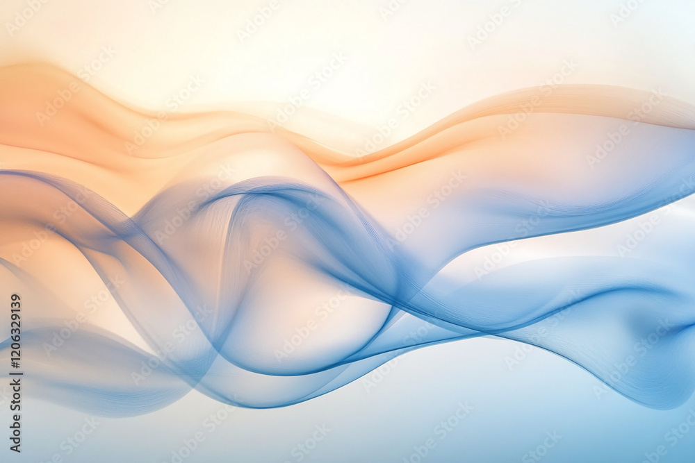 Poster Soft, flowing waves of blue and orange fabric create a calming visual effect in a serene atmosphere