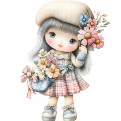 Adorable pastel color cartoon girl clipart