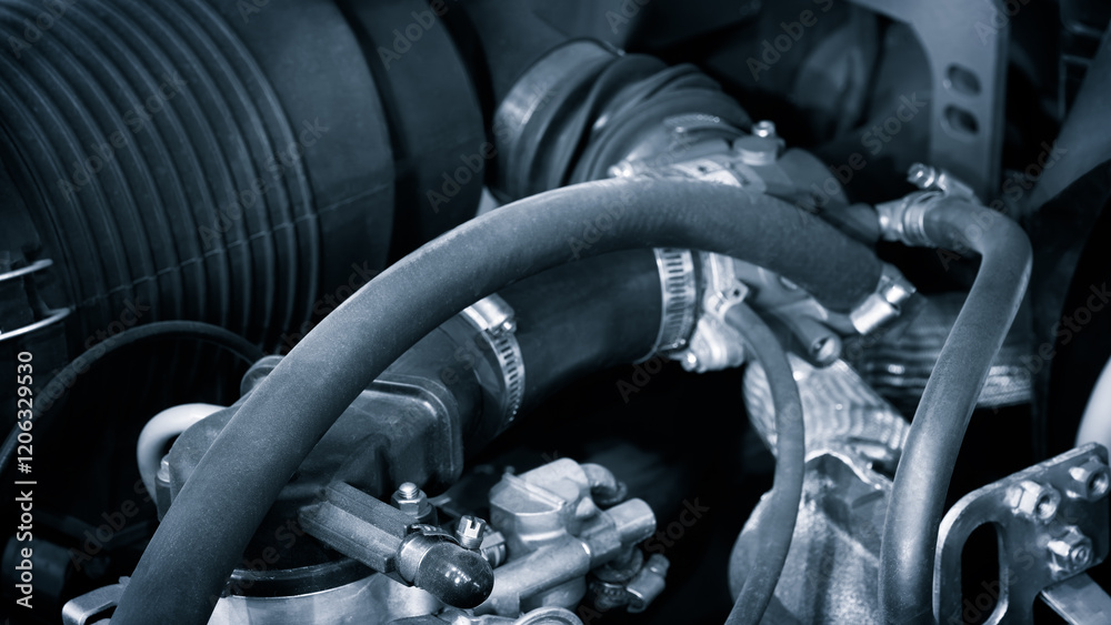Poster a close up of a car engine with a hose wrapped around it. the hose is black and the engine is black