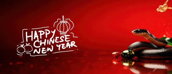 Naklejka premium Happy Chinese New Year with Snake, Lantern and Ornaments on Red Background Concept of Lunar New Year, Zodiac and Celebration