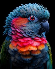 portrait of a parrot with vibrant feathers in shades of green, blue, and red, displayed against a black background that further emphasizes its beauty