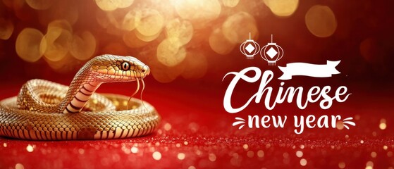 Naklejka premium Golden snake on red glitter background with Chinese New Year text and lanterns, celebrating the year of the snake