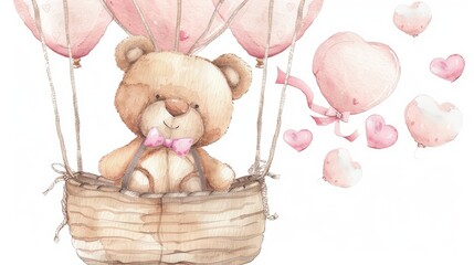 Cute teddy bear in hot air balloon clipart