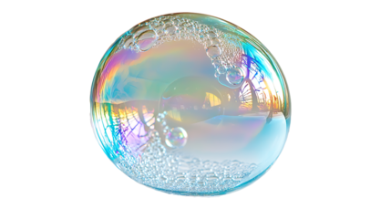 A shiny blue bubble floating in a glass with light reflections and a transparent, spherical design