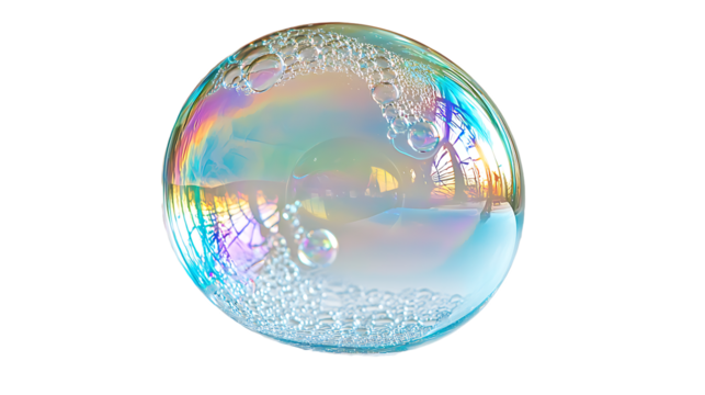 A shiny blue bubble floating in a glass with light reflections and a transparent, spherical design
