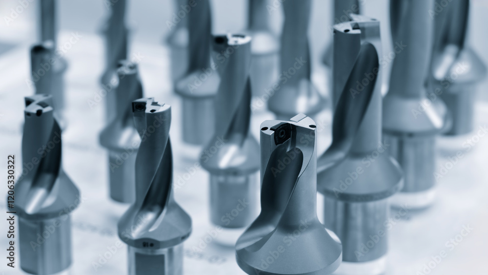 Poster a row of metal milling cutters with a blue tint. the tools are arranged in a line and appear to be t